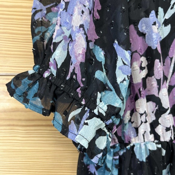 Torrid 1 Ruffle Kimono Shirt Floral Swiss Dot Black Purple SS Sheer boho B84 - Picture 14 of 16